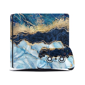 May include: A blue and gold marble design skin for a Playstation 4 console and controller.