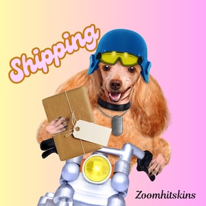 May include: A poodle wearing a blue helmet and goggles, holding a package with a blank tag. The dog is on a motorcycle with a yellow headlight. The word "Shipping" is above the dog.
