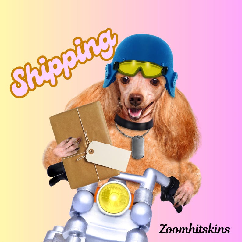 Puede incluir: Un caniche con casco y gafas azules, sosteniendo un paquete con una etiqueta en blanco y montando en una motocicleta. La palabra "Shipping" est&aacute; escrita en una fuente de burbujas. El fondo es un degradado de amarillo y rosa.
