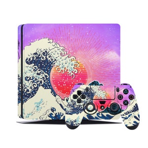 May include: A purple and pink PlayStation 5 console and controller skin with a Japanese wave design. The wave is white and blue with a red and orange sun rising behind it.