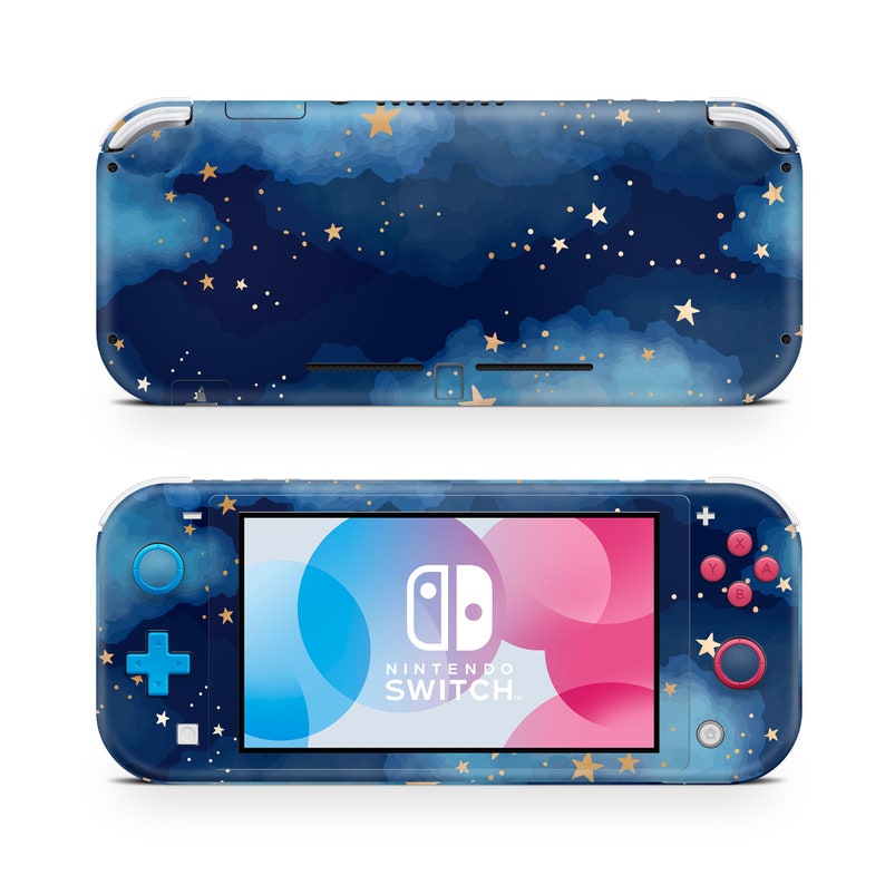 May include: A blue and gold Nintendo Switch Lite console with a starry night sky design. The console has a white border and a pink and blue screen.
