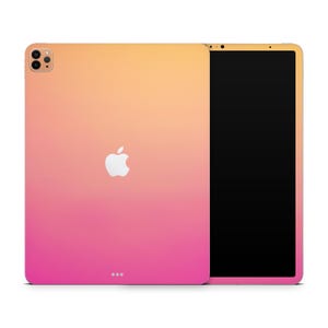 May include: A tablet with a gradient design transitioning from orange to pink. The Apple logo is centered, and the device has a black screen. The back of the tablet features a camera array and a small series of dots at the bottom.