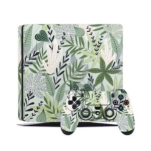 May include: A green and white floral design skin for a Playstation 4 console and controller. The design features a variety of leaves and flowers in a repeating pattern.