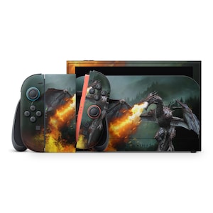 May include: A Nintendo Switch console and controllers with a dragon-themed design. The controllers are teal and coral, and the console features a dragon breathing fire. The design is set against a forest backdrop.
