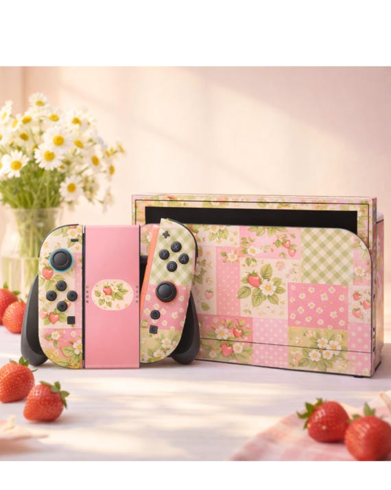 Strawberry Cottage Patchwork Skin Decal For Gaming Console Premium 3M Vinyl Wrap Compatible With Switch 2