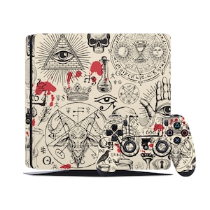 May include: A beige and black PlayStation 4 console and controller skin with a black and white occult themed design. The design features a variety of symbols, including an eye, a crown, a skull, a goat head, and the number 666.