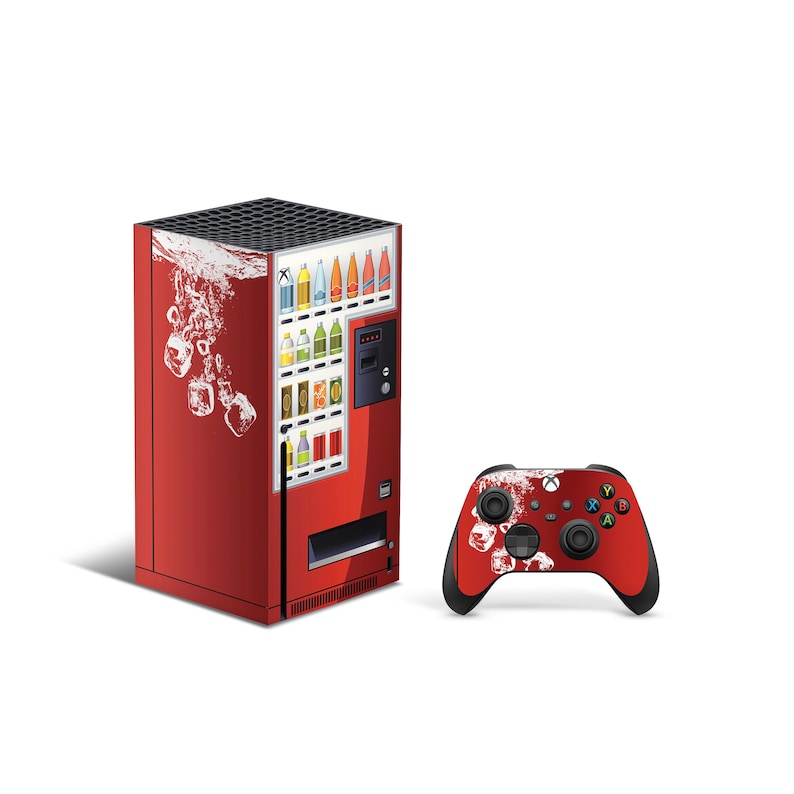 Op de afbeelding: Rode en witte Xbox Series X console skin met een ontwerp van een automaat. De skin heeft een rode achtergrond met een witte automaatgrafiek en een wit ijsblokje-ontwerp. De console wordt geleverd met een bijpassende rode en witte Xbox-controller.