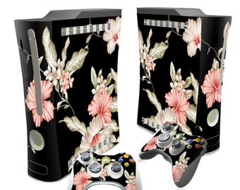 Xbox 360 Skin Sticker  Console Skin Decal And 2 Controller Sticker Black Flowers Custom Design Set