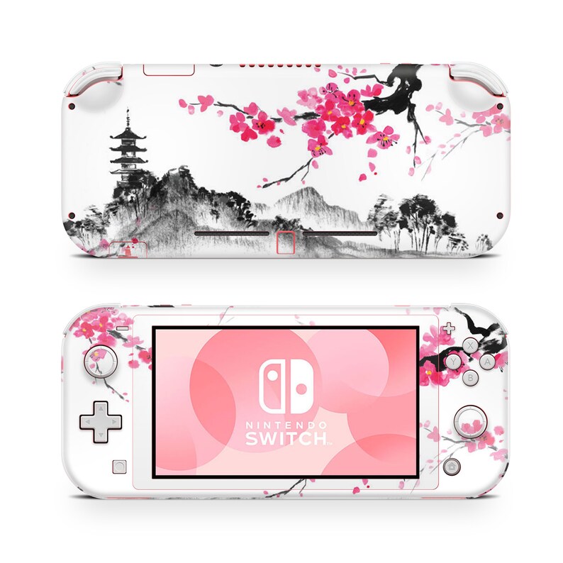 May include: White Nintendo Switch Lite console with a pink and black Japanese-inspired design featuring cherry blossoms and a pagoda. The console has the Nintendo Switch logo and text.