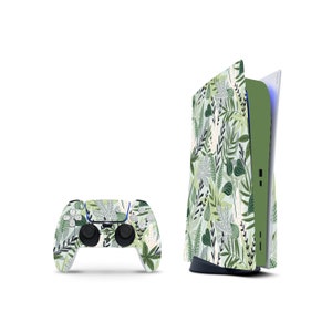 May include: A green and white patterned console skin for the Playstation 5 console and a matching controller skin. The console skin features a leafy design with a white background.