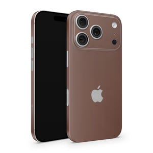 May include: A brown smartphone case with a silver Apple logo and three camera lenses. The phone's screen is black, and the case has a smooth, matte finish. The case is designed to fit a smartphone.