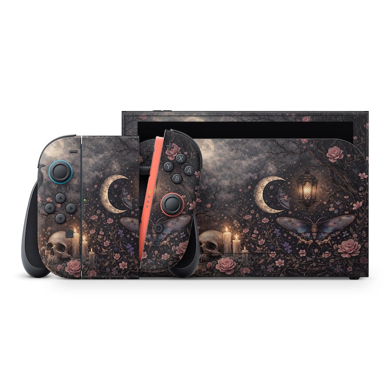 May include: A Nintendo Switch console and Joy-Con controllers with a dark, gothic-themed skin. The design features a moon, skulls, butterflies, roses, and candles against a dark, cloudy background. The Joy-Cons have teal and red accents.