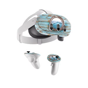 May include: A white virtual reality headset with a blue and brown wood-grain pattern and a porthole design. The headset comes with two white controllers with the same pattern.