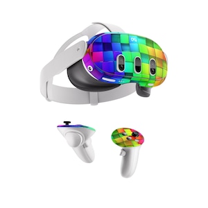 May include: A white virtual reality headset with a colorful geometric pattern skin. The headset is shown with two white controllers, each with a matching colorful geometric pattern skin.