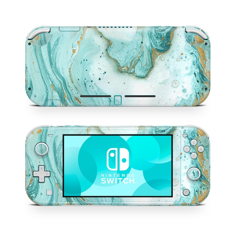 May include: A teal and gold marble patterned Nintendo Switch Lite console. The console is closed and the Nintendo Switch logo is visible on the screen.