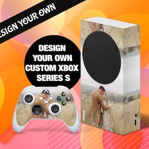 May include: A white Xbox Series S console and controller with a custom design featuring a couple embracing in a field. The design is printed on the console and controller.