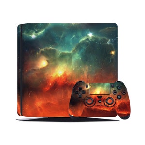 May include: A black PlayStation 4 console and controller with a colorful nebula design. The design features shades of red, orange, yellow, green, and blue.