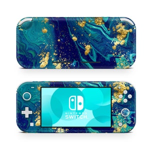 May include: A blue and gold Nintendo Switch Lite console with a marbled design. The console has a blue and turquoise background with gold accents. The Nintendo Switch logo is visible on the screen.