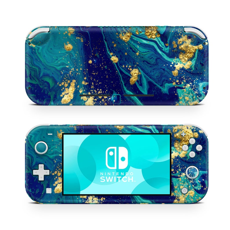 May include: A blue and gold Nintendo Switch Lite console with a marbled design. The console has a blue and turquoise background with gold accents. The Nintendo Switch logo is visible on the screen.
