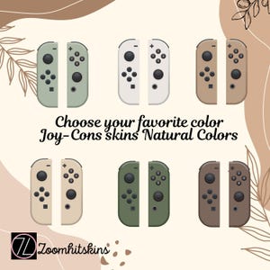 Könnte beinhalten: Sechs Paar Joy-Con-Skins in verschiedenen Farben: Beige, Grün, Weiß, Braun und zwei Grüntönen. Die Skins sind für die Nintendo Switch Joy-Cons konzipiert. Wählen Sie Ihre Lieblingsfarbe Joy-Con-Skins Natürliche Farben.