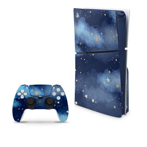 May include: A blue and gold PlayStation 5 console and controller with a starry night design. The console has a vertical design with a removable disc drive. The controller has a standard layout with a touchpad and a PlayStation logo.