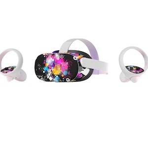 May include: A virtual reality headset with a black faceplate featuring a colorful abstract design. The headset is white with a purple headband and comes with two white controllers.