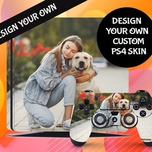 May include: A custom PS4 skin design featuring a photo of a young woman hugging a golden retriever dog. The design is shown on a PS4 controller and console.
