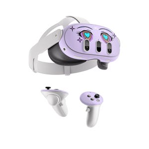 May include: A white virtual reality headset with a purple faceplate featuring a cartoon design of eyes with hearts. The headset comes with two white controllers with purple faceplates.