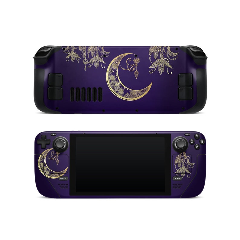 May include: A purple and gold handheld gaming console with a crescent moon design. The console has a screen, buttons, and a joystick.