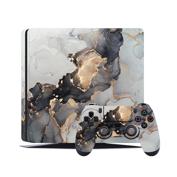 PS4 Skin Aufkleber für Playstation 4 Konsole Grau Marmor Gold