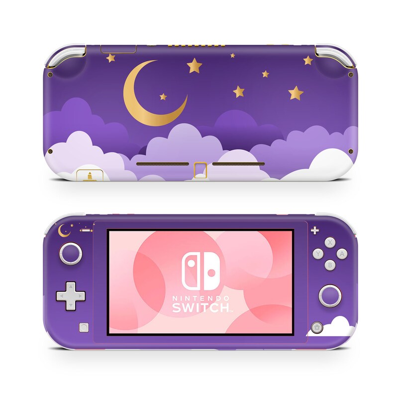 May include: Purple Nintendo Switch Lite console with a custom skin featuring a crescent moon, stars, and clouds on a purple background. The text "NINTENDO SWITCH" is visible on the screen.