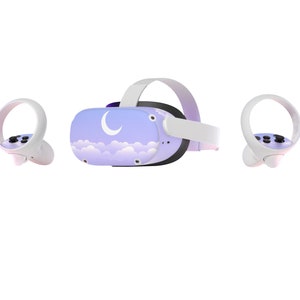 May include: A VR headset and two controllers. The headset is light purple with a design of clouds and a crescent moon. The controllers are white with black buttons.