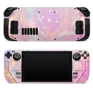 May include: A pink and purple galaxy-themed skin for a handheld gaming device. The skin features a swirling nebula design with stars and a light pink background.