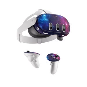 May include: A white virtual reality headset with a galaxy-themed skin. The headset has a black front panel with three sensors and an infinity symbol on the right side. The headset comes with two white controllers, each with a galaxy-themed skin.