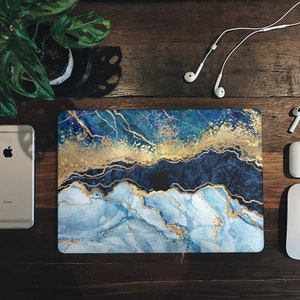 Stone Blue Marble MacBook Skin: Gold Accent Laptop Decal