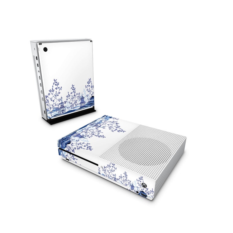May include: White Xbox Series X console with a blue and white porcelain design featuring a floral pattern and a pagoda. The console is shown in both vertical and horizontal positions.