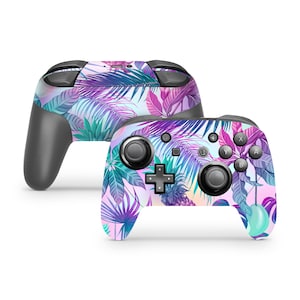 May include: A pink, purple, and blue tropical leaf patterned Nintendo Switch controller skin. The skin is designed to fit the Nintendo Switch Pro Controller.