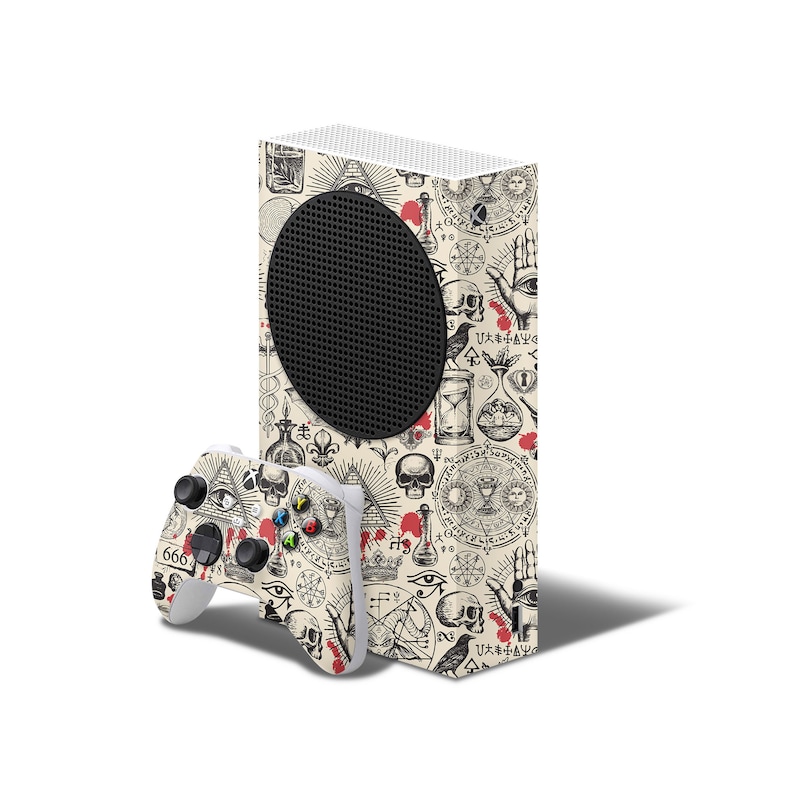 May include: A white Xbox Series X console and matching controller with a black and white design featuring various symbols and imagery. The design includes skulls, eyes, hands, and other occult-themed elements.