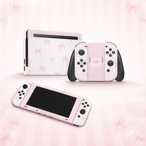 Adesivo para Nintendo Switch com laços rosa para console, Joy-Con e dock.