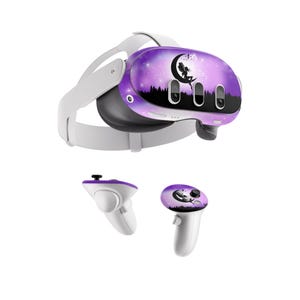 May include: A white virtual reality headset with a purple and black design featuring a fairy sitting on a crescent moon. The headset comes with two white controllers with matching purple and black designs.