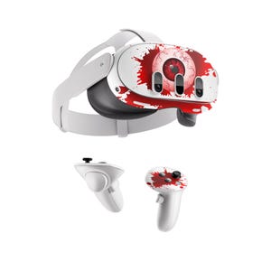 May include: White virtual reality headset with a red and white eye graphic. The headset comes with two white controllers with red and white graphics.