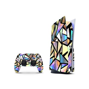 May include: A white PlayStation 5 console and matching controller with a colourful geometric pattern featuring iridescent colours. The pattern resembles stained glass.