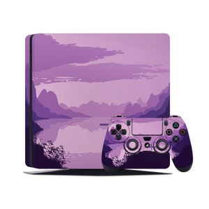 May include: Purple and black PlayStation 4 console and controller with a landscape scene of mountains and a lake. The scene is a gradient of purple and pink.