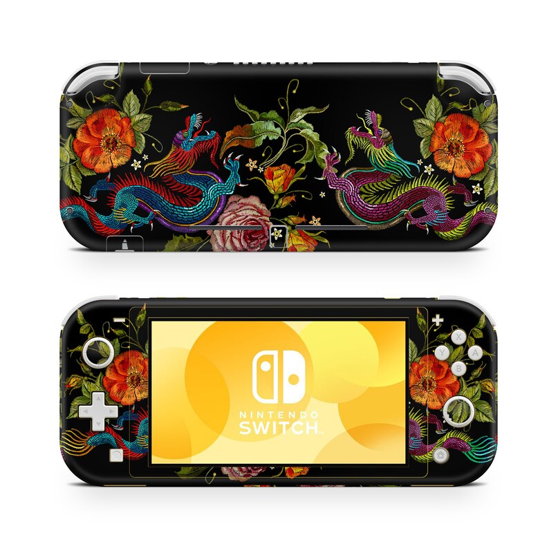 May include: A black Nintendo Switch Lite console with a colorful floral and dragon design. The design features red, pink, yellow, green, and blue flowers and dragons on a black background. The console has the Nintendo Switch logo and the text "NINTENDO SWITCH" on the screen.