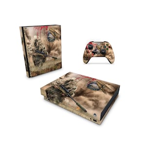 May include: A camouflage Xbox Series X console skin featuring a soldier in camouflage holding a rifle, blood splatters, and a military emblem. The skin also includes a matching controller skin.