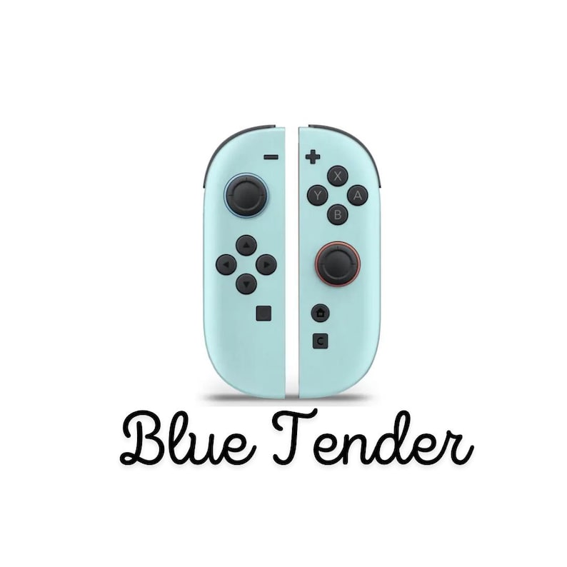 May include: Two pale blue game controllers with black buttons and joysticks. The controllers are positioned side by side, with the text "Blue Tender" in a cursive font below. The controllers have various buttons and directional pads.