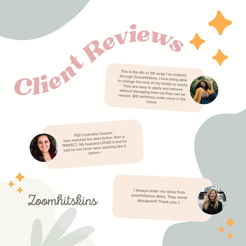 May include: Three customer reviews for ZoomHitSkins, a company that sells custom skins for electronic devices. The reviews are positive and highlight the ease of application, quality, and customer service. The reviews are displayed on a light blue and white background with yellow stars.