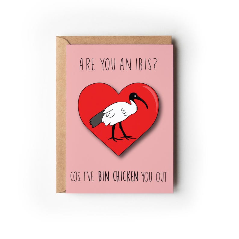 Puede incluir: Una tarjeta rosa con un coraz&oacute;n rojo y un ibis blanco en su interior. El texto de la tarjeta dice "&iquest;Eres un ibis? Porque te he elegido."