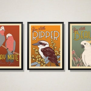 Australian Retro Birds Trio Bundle - Retro Art, Vintage Art, Australian Sellers, Woman Owned, Australian Birds, Australian Art