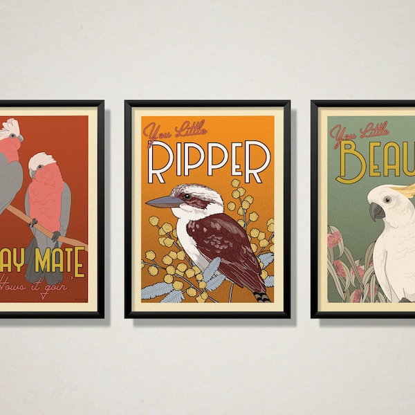 Australian Retro Birds Trio Bundle - Retro Art, Vintage Art, Australian Sellers, Woman Owned, Australian Birds, Australian Art